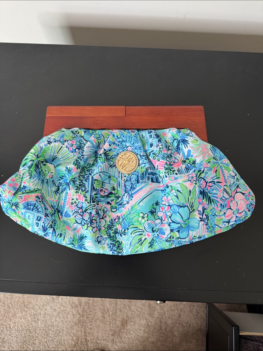 Lilly Pulitzer Turquoise Pink Blue Floral Clutch with Gold Medallion